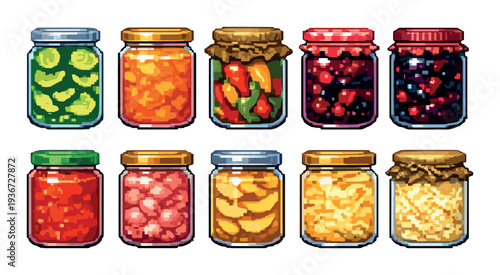 Glass jars of preserved food arranged in rows on gradient background