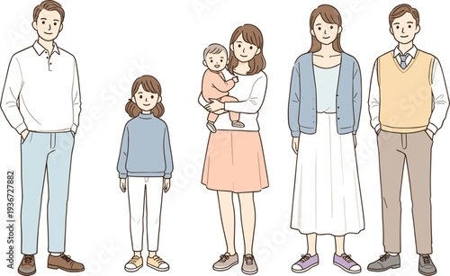 Happy multigenerational family standing together with children and baby, casual clothes, smiling faces, cartoon vector illustration, parenting, lifestyle, togetherness, family love concept