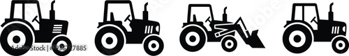 Four different tractor silhouettes in various positions and designs for construction or farming purposes