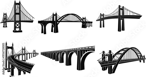 Bridge silhouette collection, suspension and arch bridges vector set, transportation infrastructure illustration, urban engineering landmark design isolated