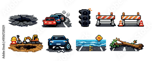 Traffic and roadwork icons showing hazards on neutral background