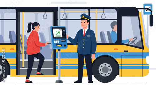 Bus driver assisting passenger payment vector