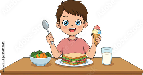 Happy smiling boy eating sandwich, ice cream, vegetables, drinking milk, sitting at table, holding spoon, enjoying healthy and tasty meal
