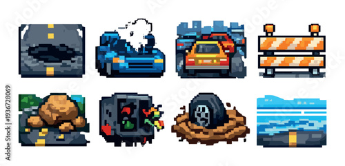 Road hazard icons showing obstacles and damage on pavement