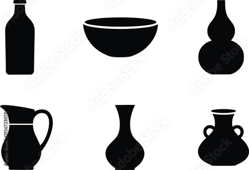 Silhouettes of various ancient clay pottery and dishes on white background
