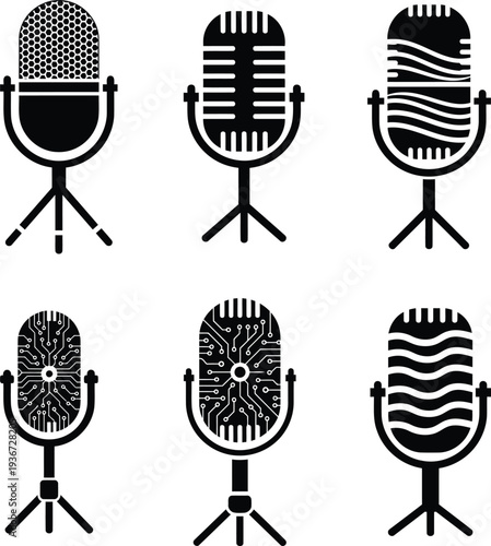 Six different microphone icons with various patterns on white background