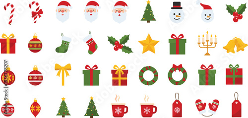 Colorful set of Christmas icons including Santa Claus reindeer Christmas trees gifts ornaments stockings and winter holiday symbols flat vector