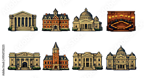 Eight civic buildings arranged in two rows on gradient background