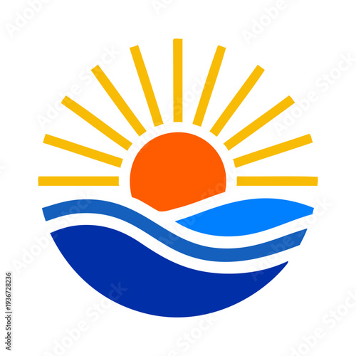 Logo agencia de viajes. Vacaciones de verano. Dibujo sencillo con silueta de un sol con rayos de luz con olas de mar