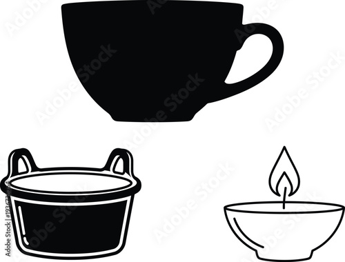 Three kitchenware objects including a cup and bowls