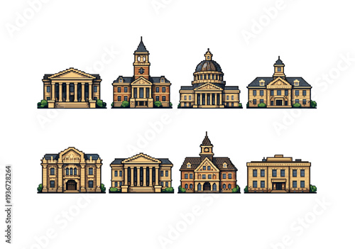 Eight pixel art civic buildings arranged in two rows on white