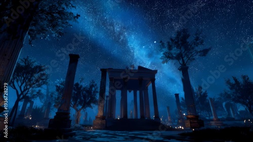Ancient ruins illuminated under a starry night sky, showcasing a majestic temple structure surrounded by tall columns and trees in a serene, mystical landscape