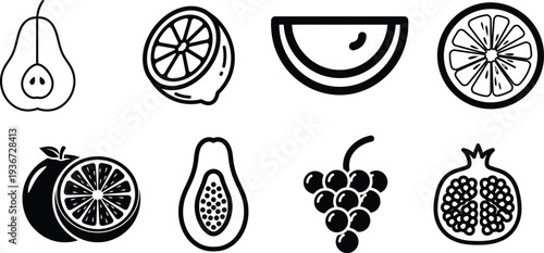 Various fruits icons in black and white illustrations