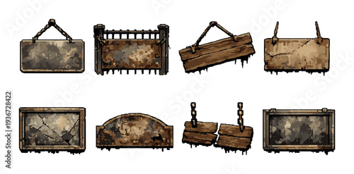 Multiple rusty and wooden hanging signs displayed on plain background