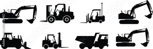 Construction vehicle silhouettes excavator forklift dump truck backhoe loader heavy machinery industrial equipment illustration, building design template, worksite concept