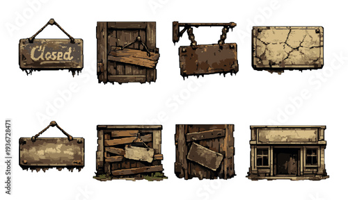 Assorted closed and boarded shop signs with storefront facades