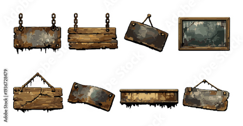 Set of chained and hanging wooden and metal signs on neutral backdrop