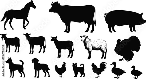 Collection of black farm animal and domestic pet silhouettes including horse cow pig sheep dog cat and poultry flat vector