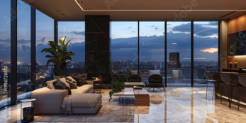 Modern Living Room with City View