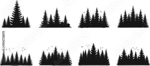 Coniferous pine forest silhouette set, evergreen tree line collection, cad drawing flat vector illustration, outdoor mountain woodland nature landscape elements