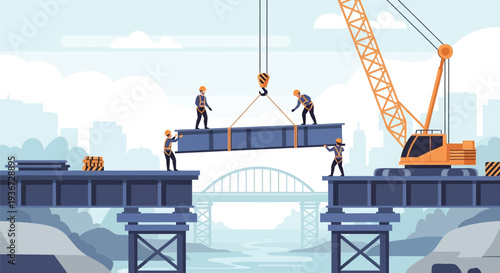 Bridge construction workers on beam vector