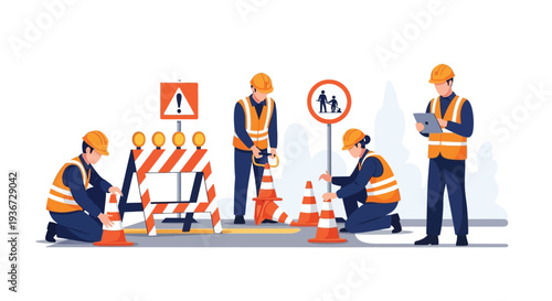 Construction team at roadwork site vector
