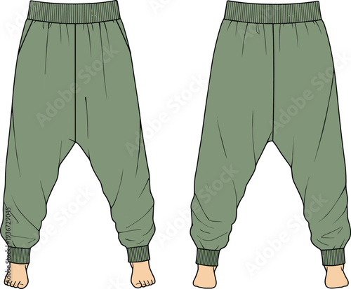 Harem pants front and back view, elastic waist and ankle, loose fit joggers fashion cad, vector sketch drawing