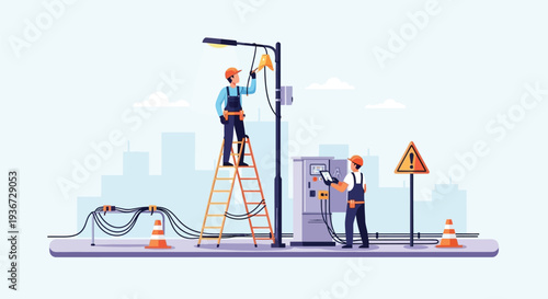 Streetlight technicians installing fixture vector