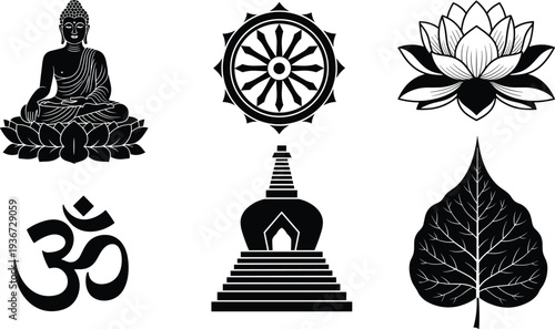 Set of black Buddhist symbols including Buddha statue lotus flower dharma wheel om sign bodhi leaf and stupa for spiritual design