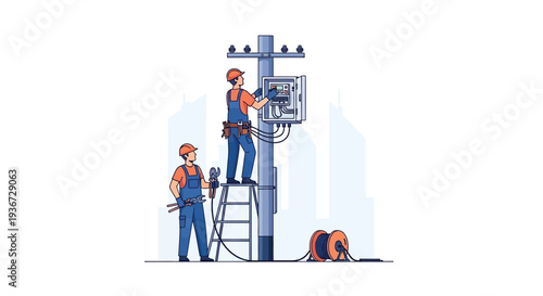 Utility workers repairing power pole vector