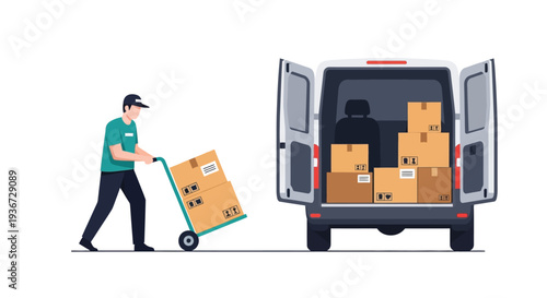 Courier unloading packages from van vector