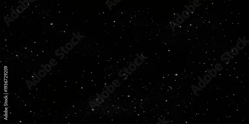 Abstract animation of white snow flakes falling through a dark blue galaxy space filled with glowing stars and cosmic dust particles in a night sky starfield universe