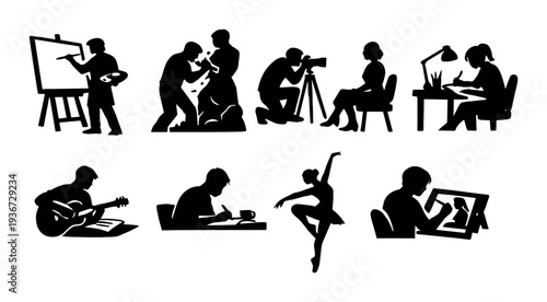 Silhouettes of people performing creative activities in a grid