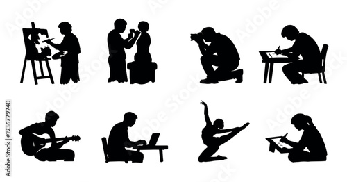 Silhouettes of people doing creative activities on dark background