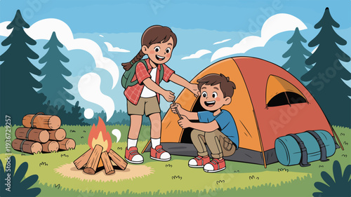 Family camping adventure with child sitting by campfire near orange tent in forest