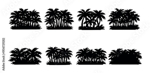 Palm tree clusters silhouetted against dark gradient background