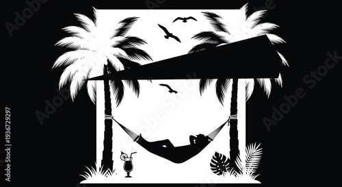 Black and white vector silhouette of person relaxing in hammock between palm trees with cocktail on tropical beach for summer