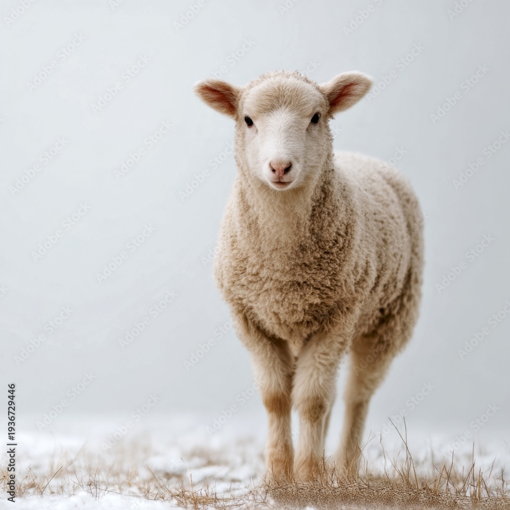 Fototapeta premium A charming fluffy sheep stands in a serene winter landscape. The soft fur and bright eyes of the sheep capture the essence of innocence. Perfect for nature lovers and farm themes. AI