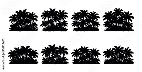 Dense palm tree clusters silhouetted on dark gradient background