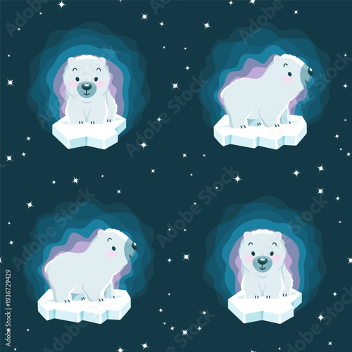 Cute polar bear cubs on the icebergs with aurora and constellations. Seamless pattern, print, wrapping. Vector illustration.