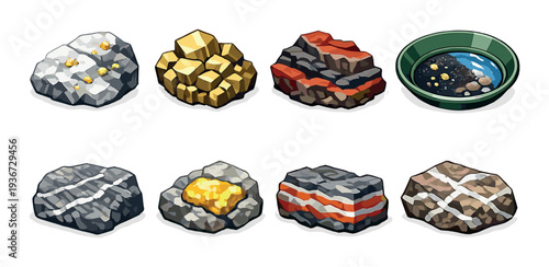 Eight ore and nugget samples displayed on neutral background