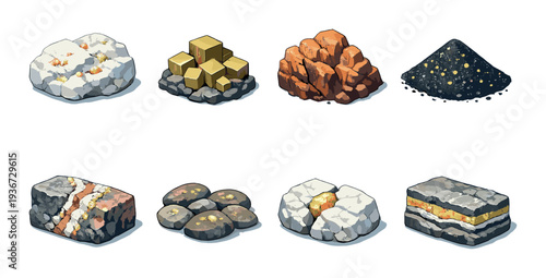 Assorted ore samples with gold specks and layered piles