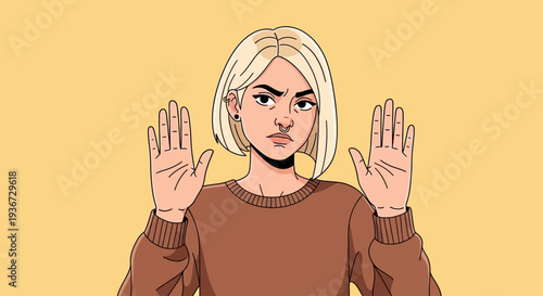 Annoyed Blonde Woman Showing Talk to the Hand or Stop Sign, Cartoon Style. Ideal for concepts of boundaries, saying no, social distancing, or 'talk to the hand' attitude. 