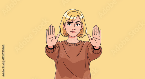 Serious blonde woman setting boundaries with palm out gesture, isolated on yellow background. Clean lines and modern aesthetic, perfect for web design, social media, and mental health content.