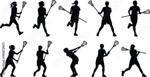 Lacrosse player silhouettes in action poses running throwing catching with sticks, dynamic sports illustration, athletic movement design template, team game concept