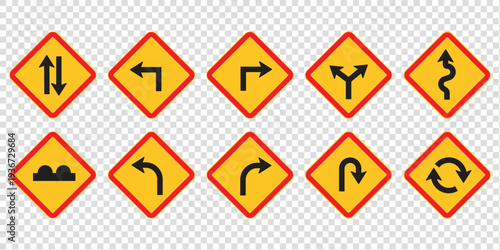A collection of five circular road signs  each with a blue background and white arrow indicating different directions%3A right  U-turn  left  straight ahead  and a fork in the road