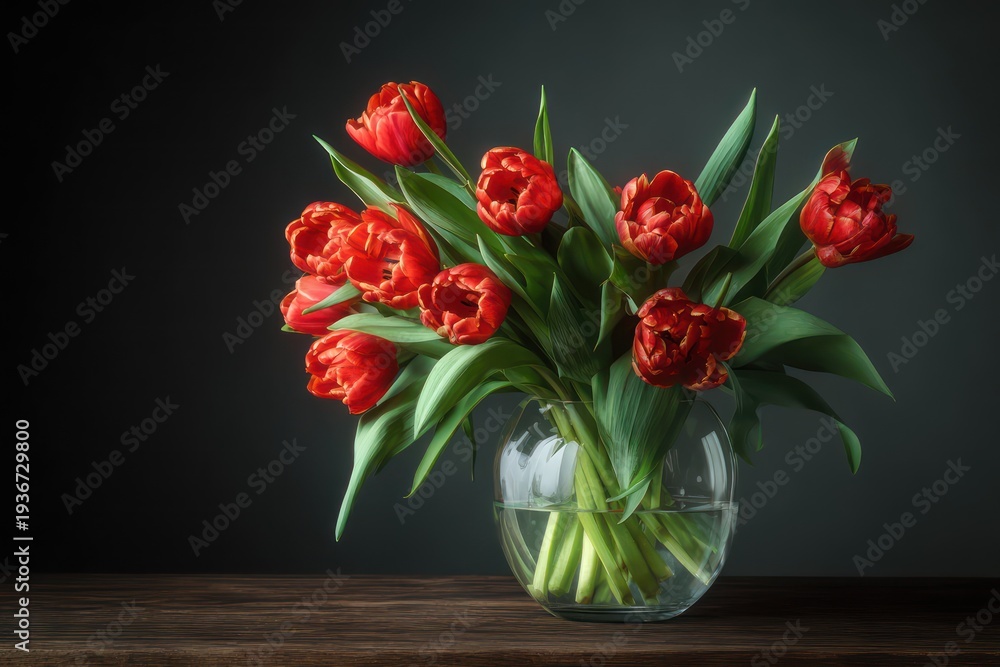 Fototapeta premium Bouquet of red tulips in a vase