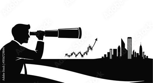Strategic Foresight Businessman Gazing Through Telescope at Future Market Growth and Urban Development