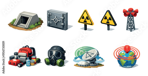 Bunker and emergency icons arranged on dark interface background