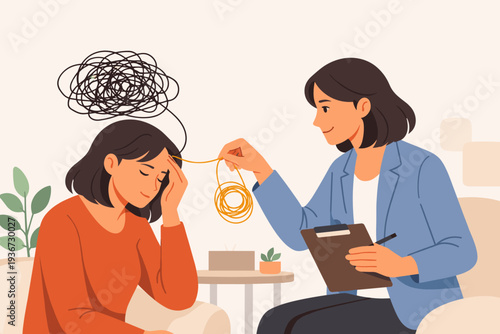 Therapist helping a woman untangle her anxious thoughts and stress during a mental health therapy session. Professional psychology support, counseling for depression, and emotional relief.